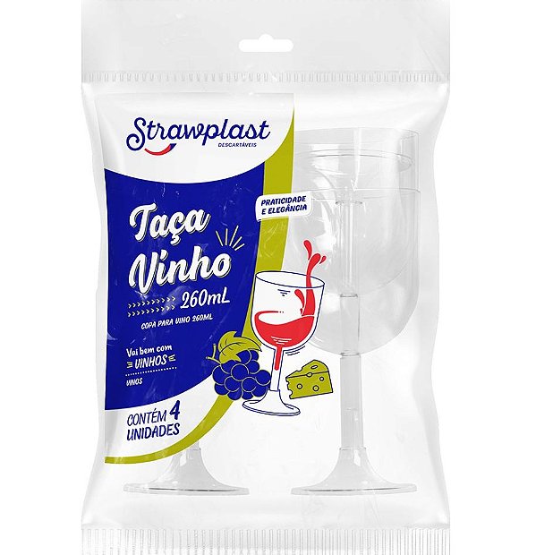 Taça Acrílica para Vinho 260ml Transparente Pacote 4un Strawplast