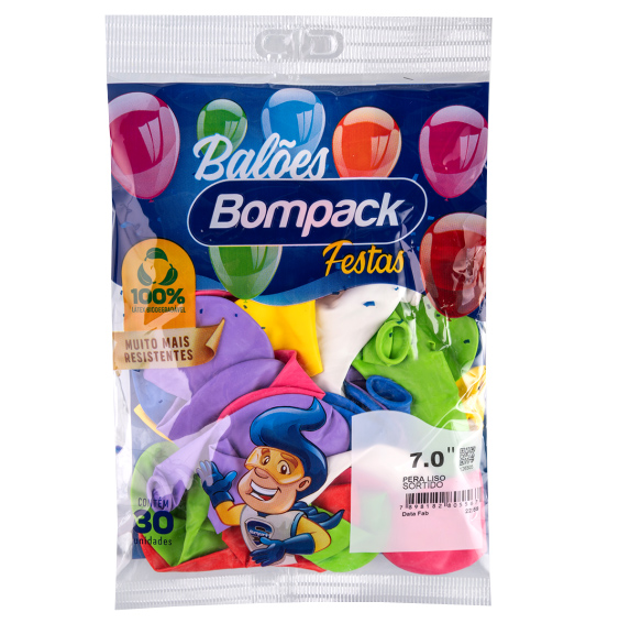 Balão Liso Cores Sortidas Bompack Número 7 Pacote 30un