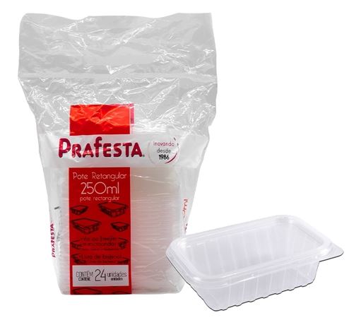 Pote Plástico Retangular 250ml com Tampa 24un Prafesta