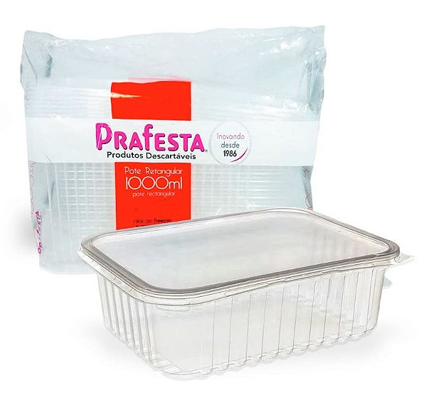 Pote Plástico Retangular 1000ml com Tampa 24un Prafesta
