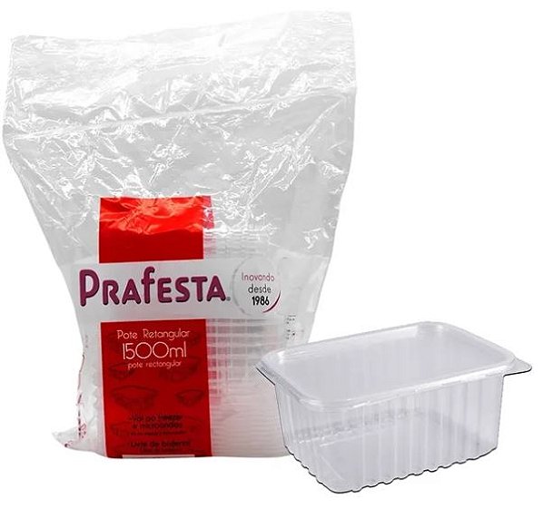 Pote Plástico Retangular 1500ml com Tampa 10un Prafesta