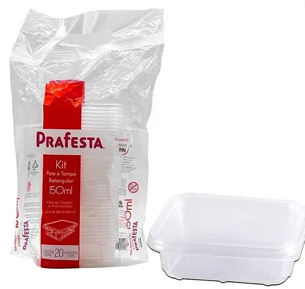 Pote Plástico Retangular 150ml com Tampa 20un Prafesta