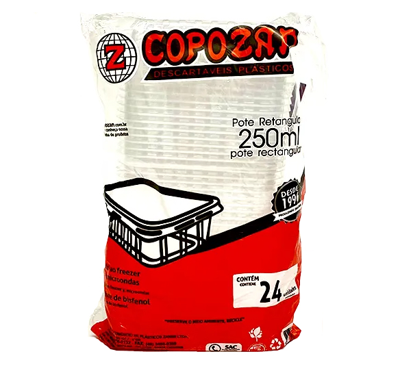 Kit Pote Retangular 250ml c/ tampa 24un Copozan