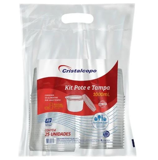 Kit Pote Redondo com Tampa 1000ml Cristalcopo PP Pacote 25un