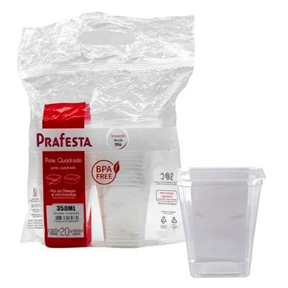 Pote Quadrado 350ml c/ tampa 20un Prafesta