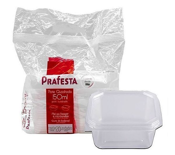 Pote Quadrado 150ml c/ tampa 20un Prafesta