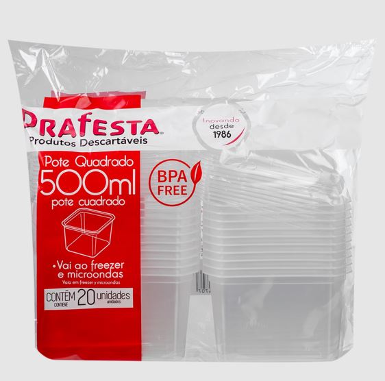 Pote Quadrado 500ml c/ tampa 20un Prafesta