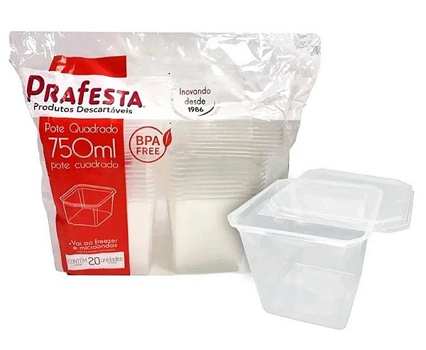 Pote Quadrado 750ml c/ tampa 20un Prafesta
