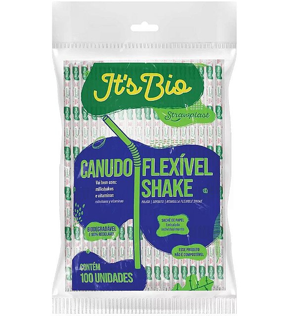 Canudo Flexível Shake Biodegradável Strawplast Pacote 100un