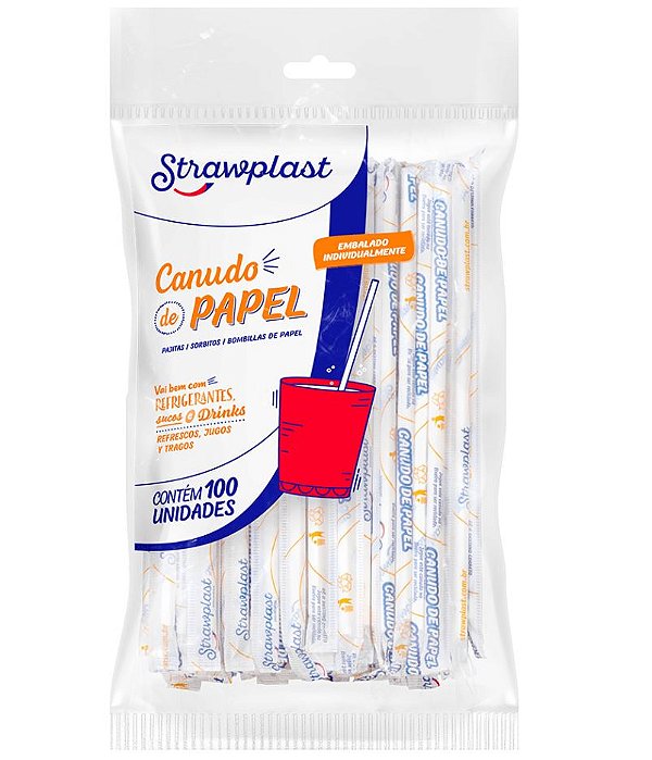 Canudo Papel Branco Biodegradável Strawplast Pacote 100un