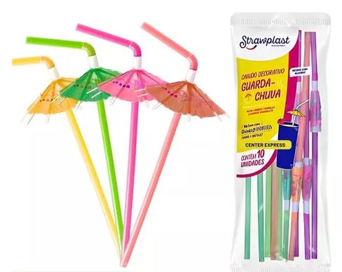 Canudo Decorativo Guarda-Chuva Flexível Strawplast Sortido Pacote 10un
