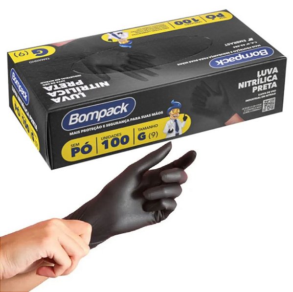 Luva Nitrílica Preta 100un Bompack Tamanho G