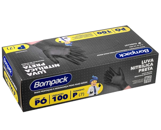Luva Nitrílica Preta 100un Bompack Tamanho P