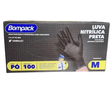 Luva Nitrílica Preta 100un Bompack Tamanho M