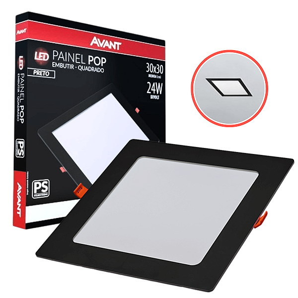 Painel Plafon Embutir Avant Pop Preto 6500K 24W 30x30cm
