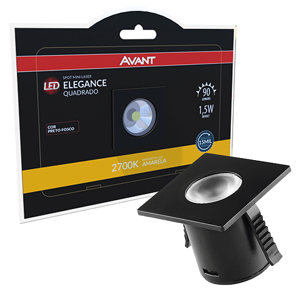 Mini Spot Avant Elegance Quadrado Preto 2700K 1,5W