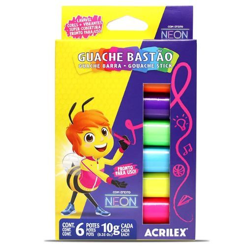 Tinta Guache Bastao Neon com 6 Cores 10g Acrilex