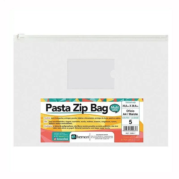 Pasta Zip Oficio Bag 360x260mm Cristal Pacote Hemon