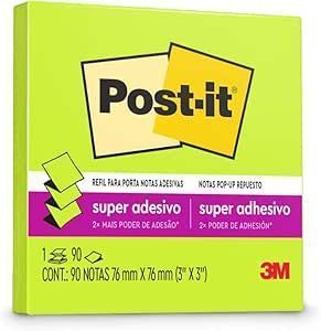 Refil de Bloco de Notas Adesivas Post-itR 76 mm x 76 mm 90 Folhas 3M Verde Neon