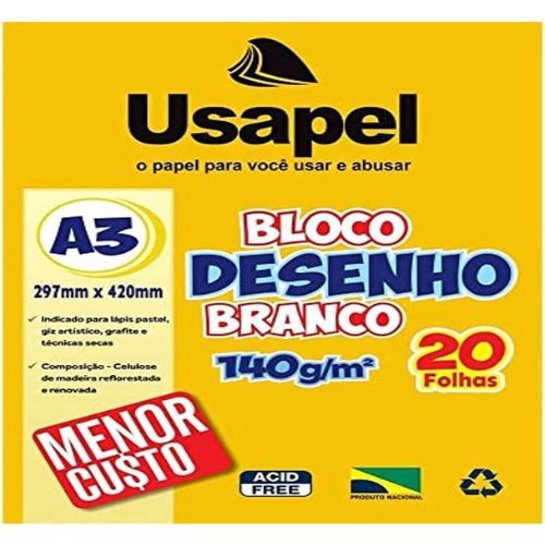 Bloco de Desenho A3 Branco 140G 20 Folhas Usapel