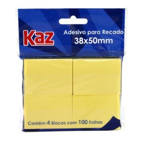 Adesivo para Recado 38x50MM 4 Blocos com 100Fls Amarelo KZ2005A Kaz