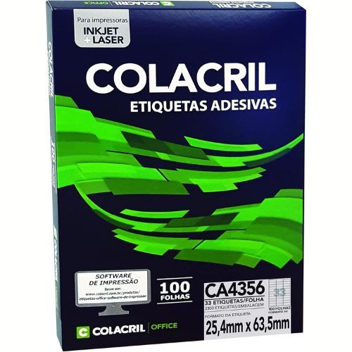 Etiqueta CA 4356 Folha com 33 Etiquetas 25,4MMX63,5MM 100 Folhas Colacril