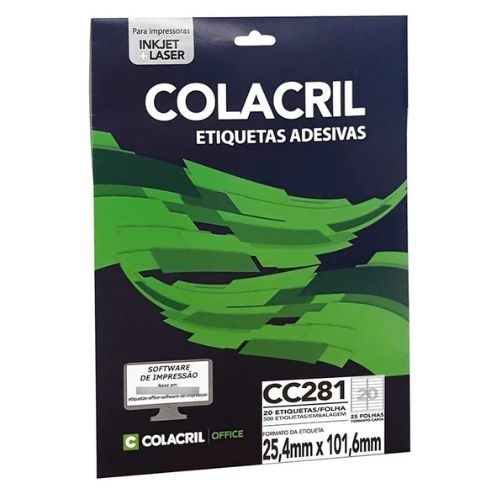 Etiqueta Carta CC281 Folha com 20 Etiqueta 25,4X101,6MM 25 Folhas Colacril