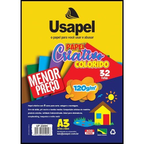 Papel Criativo Colorido A3 Cores 120G/M2 32 Folhas Usapel