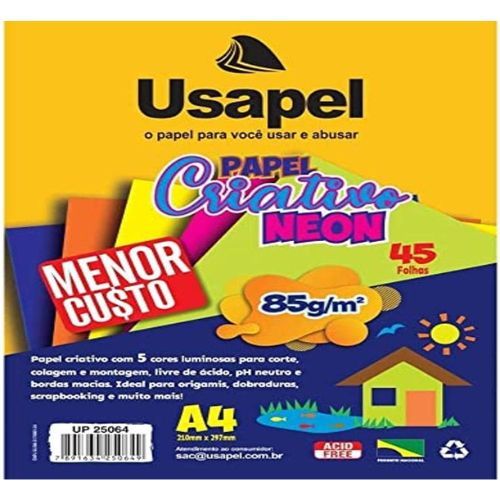 Bloco Papel Criativo 5 Cores Neon 85G/M2 A4 45 Folhas Usapel