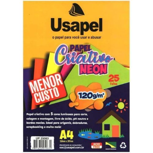 Papel Criativo 5 Cores Neon 120G/M2 A4 25 Folhas Usapel