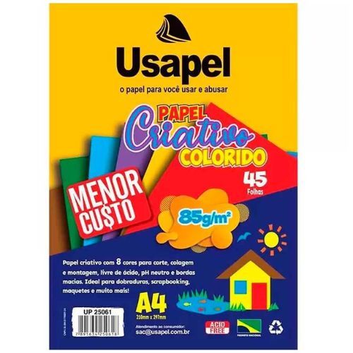 Bloco de Desenho Criativo A4 Colorido 8 Cores 85G 45 Folhas Usapel
