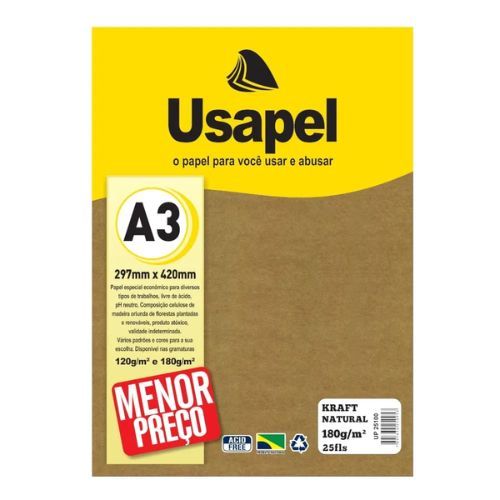 Papel Kraft Natural A3 180G com 25 Folhas Usapel