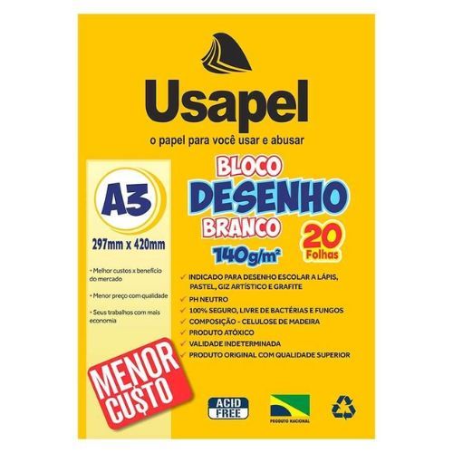 Bloco de Desenho A3 Branco 120G 20 Folhas Usapel