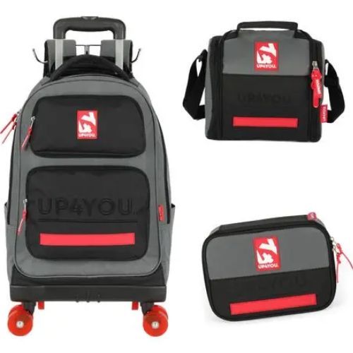 Kit Mochila com Rodas UP4YOU Cinza + Lancheira + Estojo Luxcel