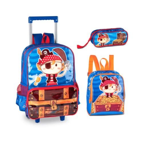 Kit Mochila com Carrinho + Lancheira + Estojo Piratinha Clio Style