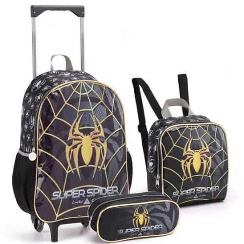 Kit Mochila com Rodas 17" MR42074 + Lancheira + Estojo Super Spider Dourada