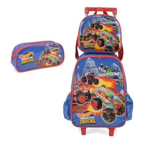 Kit Mochila com Rodinha + Lancheira + Porta Lapis Hot Wheels Monster Trucks