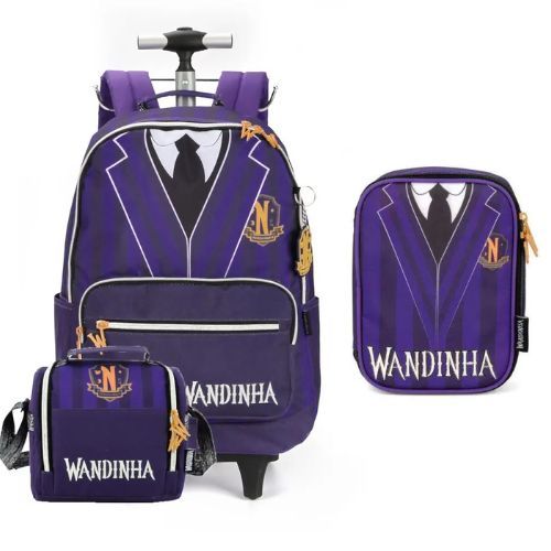 Kit Mochila com Rodas + Lancheira + Porta Lapis Wandinha Roxa Luxcel
