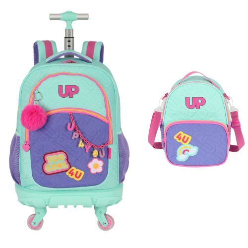 Kit Mochila com Rodas + Lancheira Up4you Turquesa Luxcel