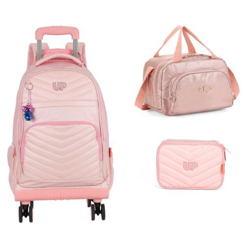 Kit Mochilete com Carrinho 360 Up4you Rosa + Lancheira + Estojo Luxcel