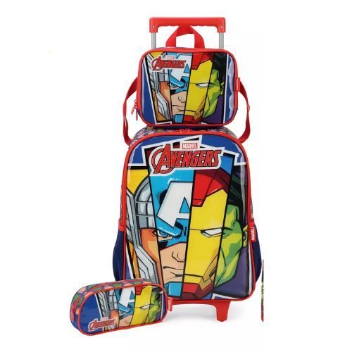 Kit Mochila com Rodas + Lancheira + Porta Lapis Avengers Azul Luxcel