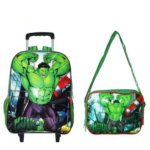Kit Mochila com Rodas + Lancheira + Estojo Hulk Roxo com Verde Luxcel