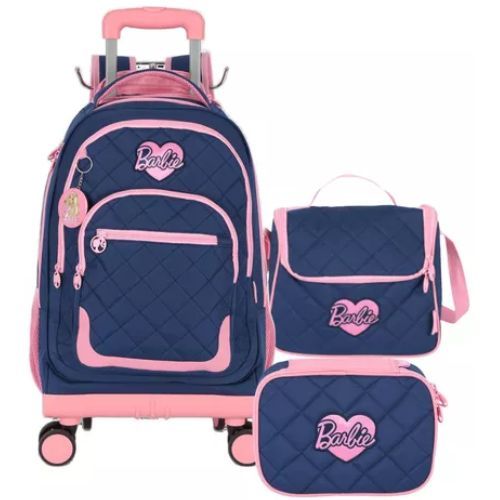 Kit Mochila com Rodas + Lancheira + Estojo Barbie Azul/Rosa Luxcel