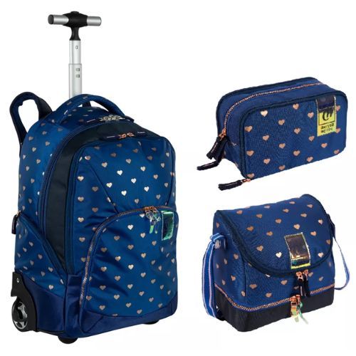 Kit Mochila com Rodas Capricho + Lancheira + Porta Lapis Wishes Azul Sestini