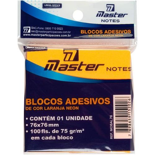 Bloco Adesivo Neon Laranja 76X76MM com 100 Folhas Master
