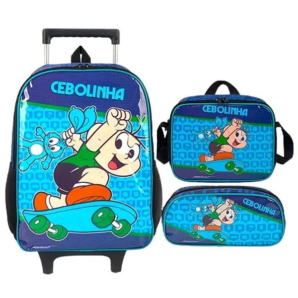 Kit Mochilete + Lancheira + Porta Lapis Turma da Monica Cebolinha Azul Luxcel
