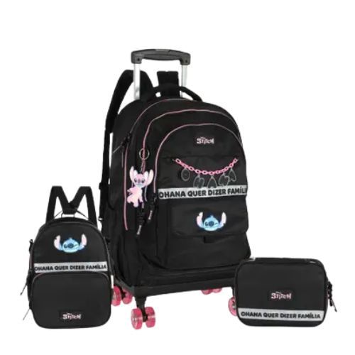 Kit Mochila c/ Rodas + Lanch + Estojo Mc50082sc-pt Stitch Preta Luxcel