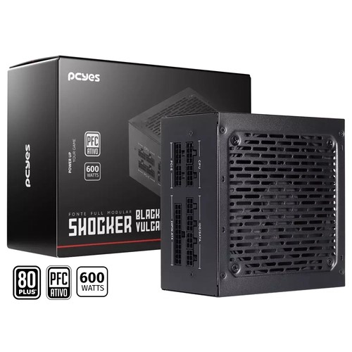 Fonte Gamer 600W Pcyes Shocker, Black Vulcan, Full Modular, 80 Plus White - FM600WBV