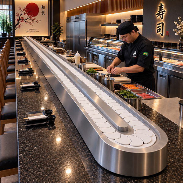 Esteira transportadora de sushi 8 metros - estrutura em aço inox para restaurantes