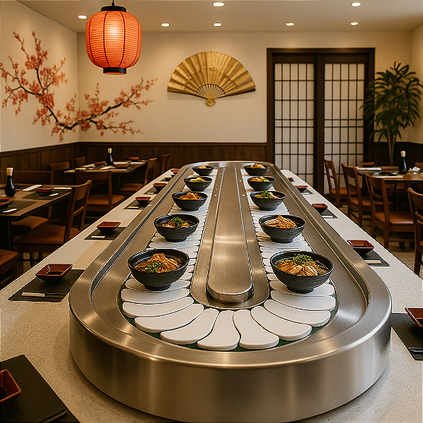 Esteira transportadora de sushi 8 metros - estrutura em aço inox para restaurantes